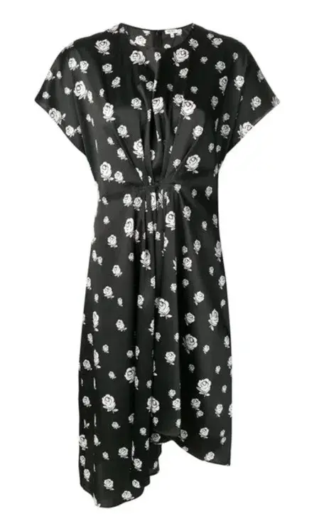 Kenzo Gathered Rose-Print Asymmetric Midi Dress Black/White Size 10 - Image 2