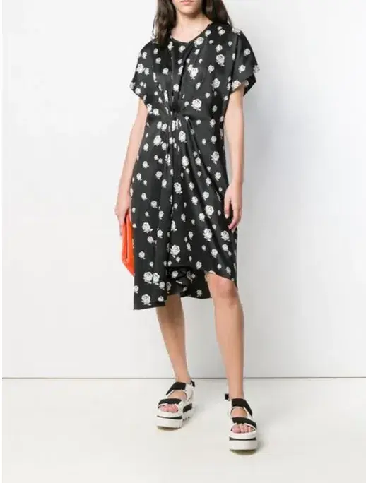 Kenzo Gathered Rose-Print Asymmetric Midi Dress Black/White Size 10 - Image 3