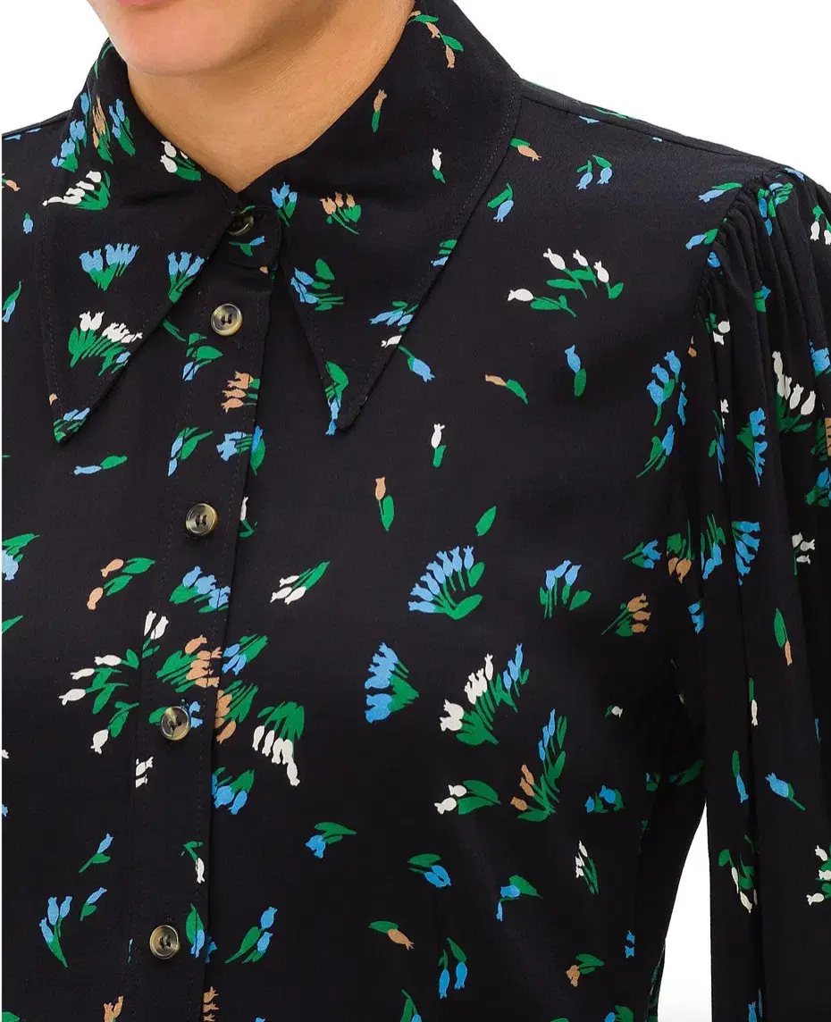 Ganni Printed Crepe Floral Shirt Mini Dress Black/Verdant Green Print Size 12 - Image 3