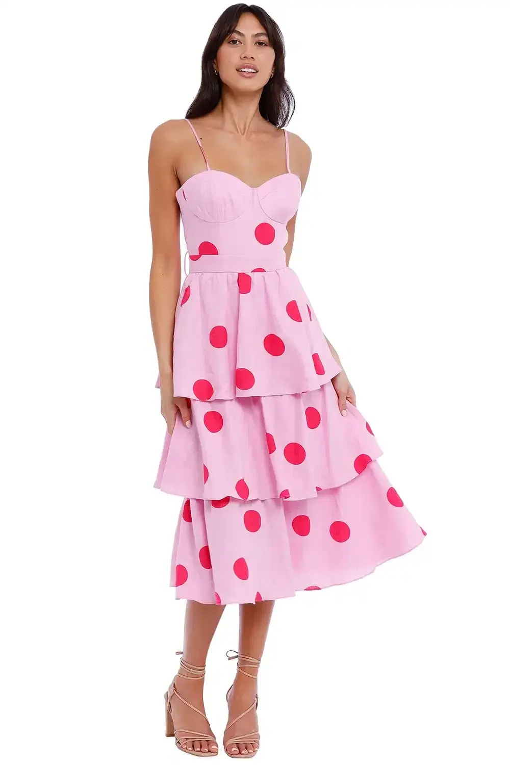Rebecca Vallance Dalia Midi Dress Pink Polka Dot Pink Print Size 8 AU - Image 1