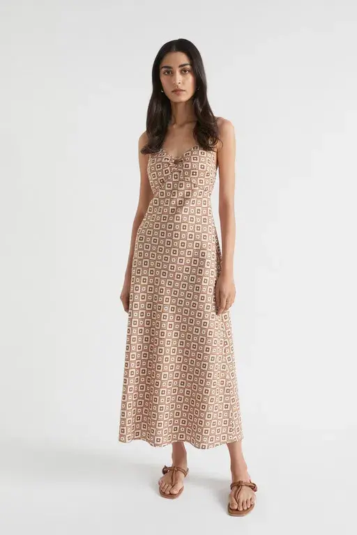 Seed Heritage Floral Geo Midi Dress Beige Size AU 8 - Image 1