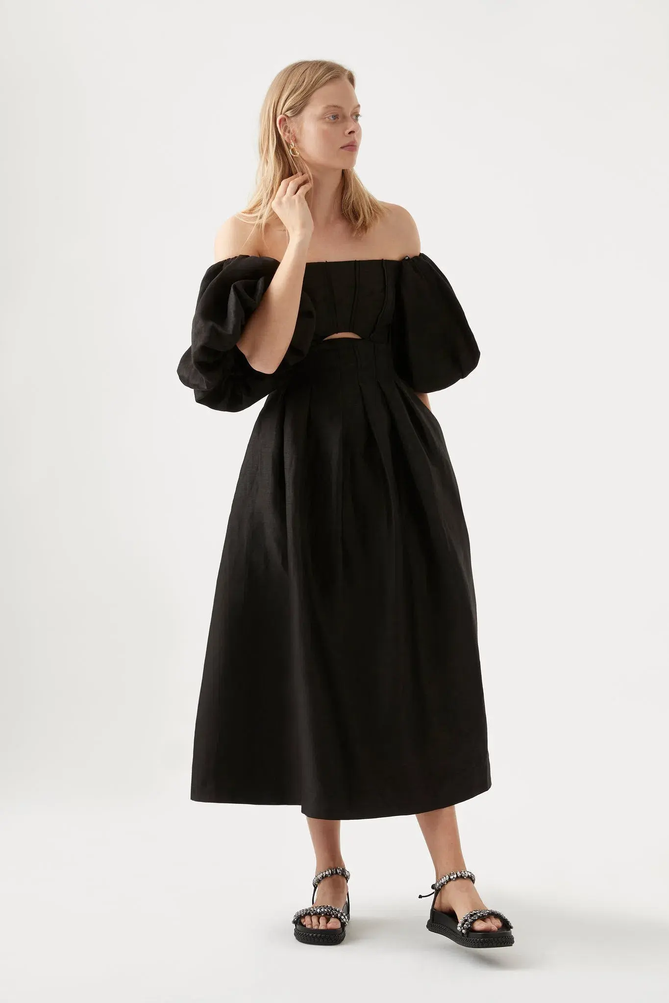 Aje Eugenie Off Shoulder Midi Dress Black Size AU 10 - Image 1