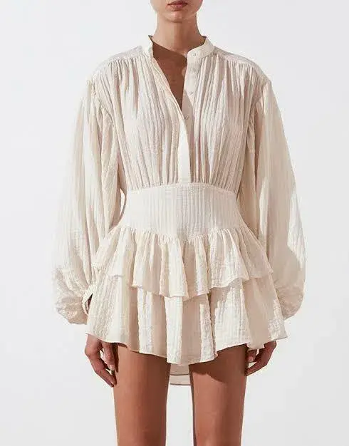 Shona Joy Mila Button Up Frill Mini Dress Beige/Tofu Size AU 16 for rent on The Volte - main image
