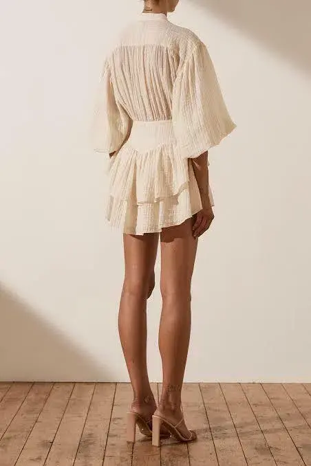Shona Joy Mila Button Up Frill Mini Dress Beige/Tofu Size AU 16 for rent on The Volte - main image