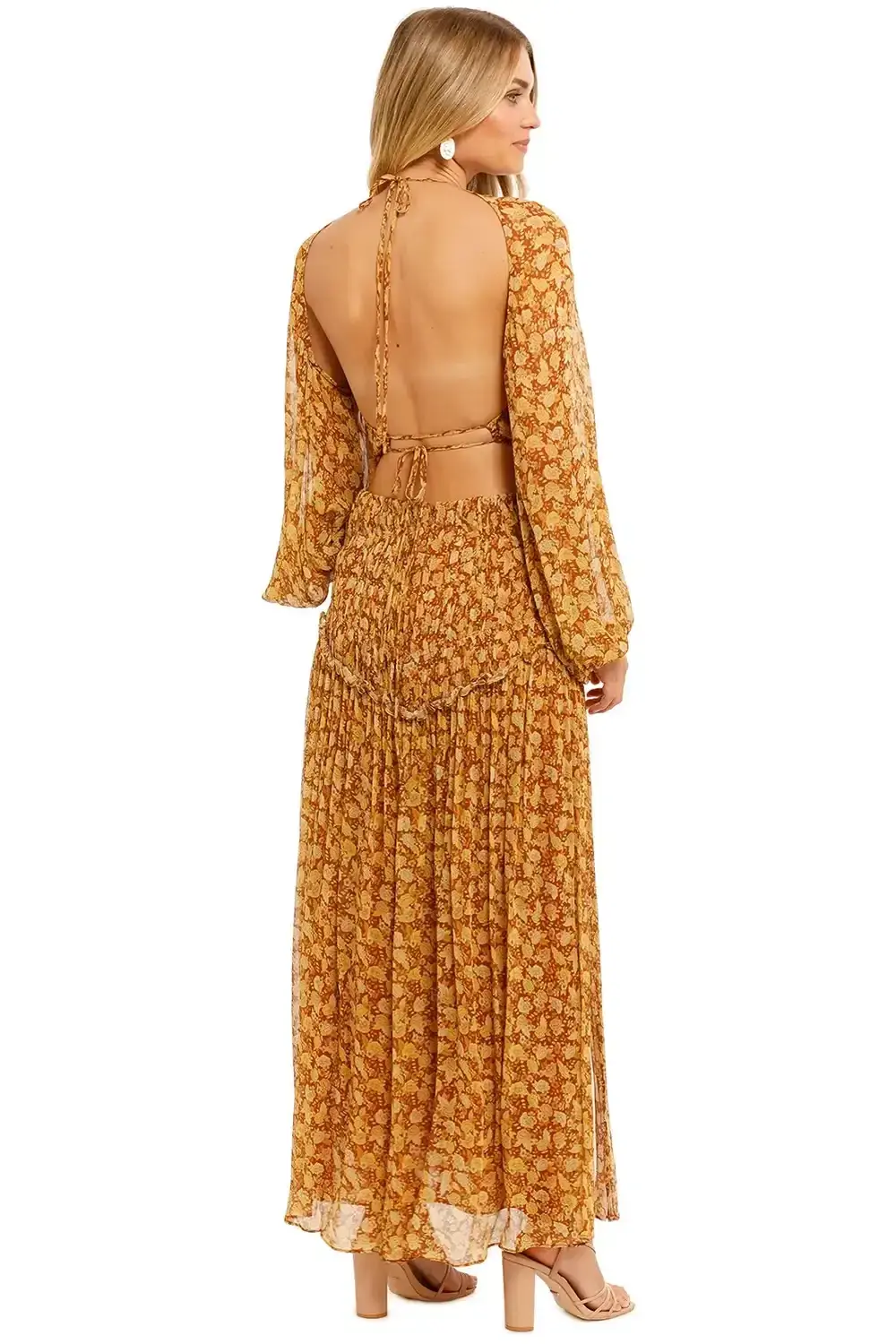Shona Joy Sunset Cut Out Midi Dress Tumeric Brown Multi Print Size AU 8 - Image 3