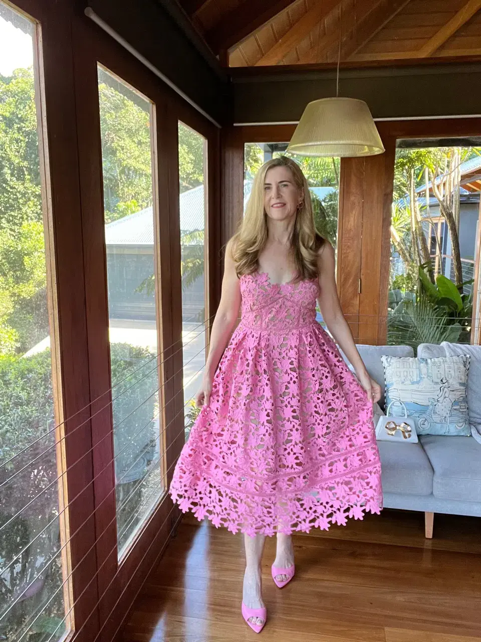 Self-Portrait Azalea Lace Midi Dress Pink Size AU 12 - Image 4