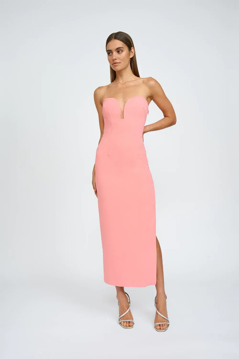 By Johnny Ginny Scoop Split Midi Dress Melon Pink Size XS / AU 6 for rent on The Volte - main image