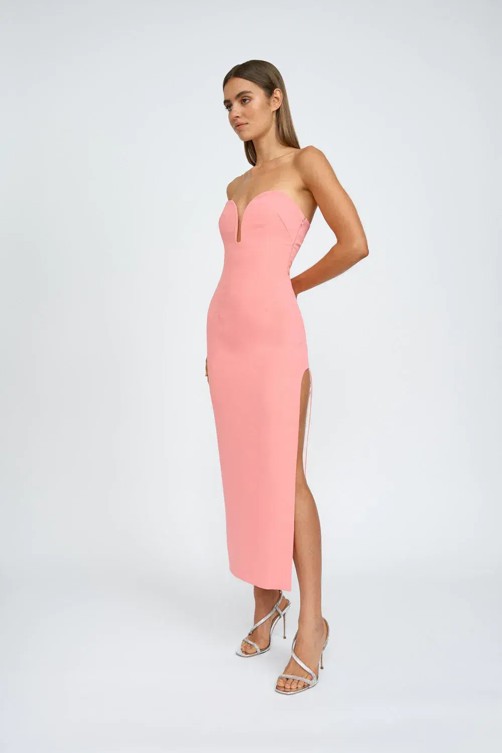 By Johnny Ginny Scoop Split Midi Dress Melon Pink Size XS / AU 6 for rent on The Volte - main image