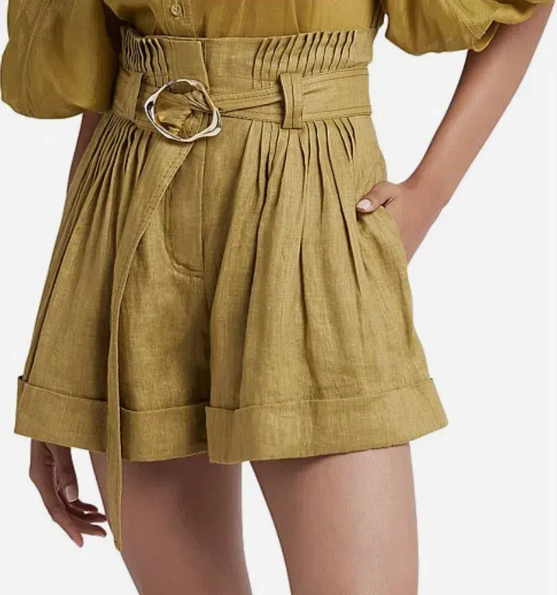 Aje Byblos Belted Linen Short in Olive Green Size AU 8  for rent on The Volte - main image
