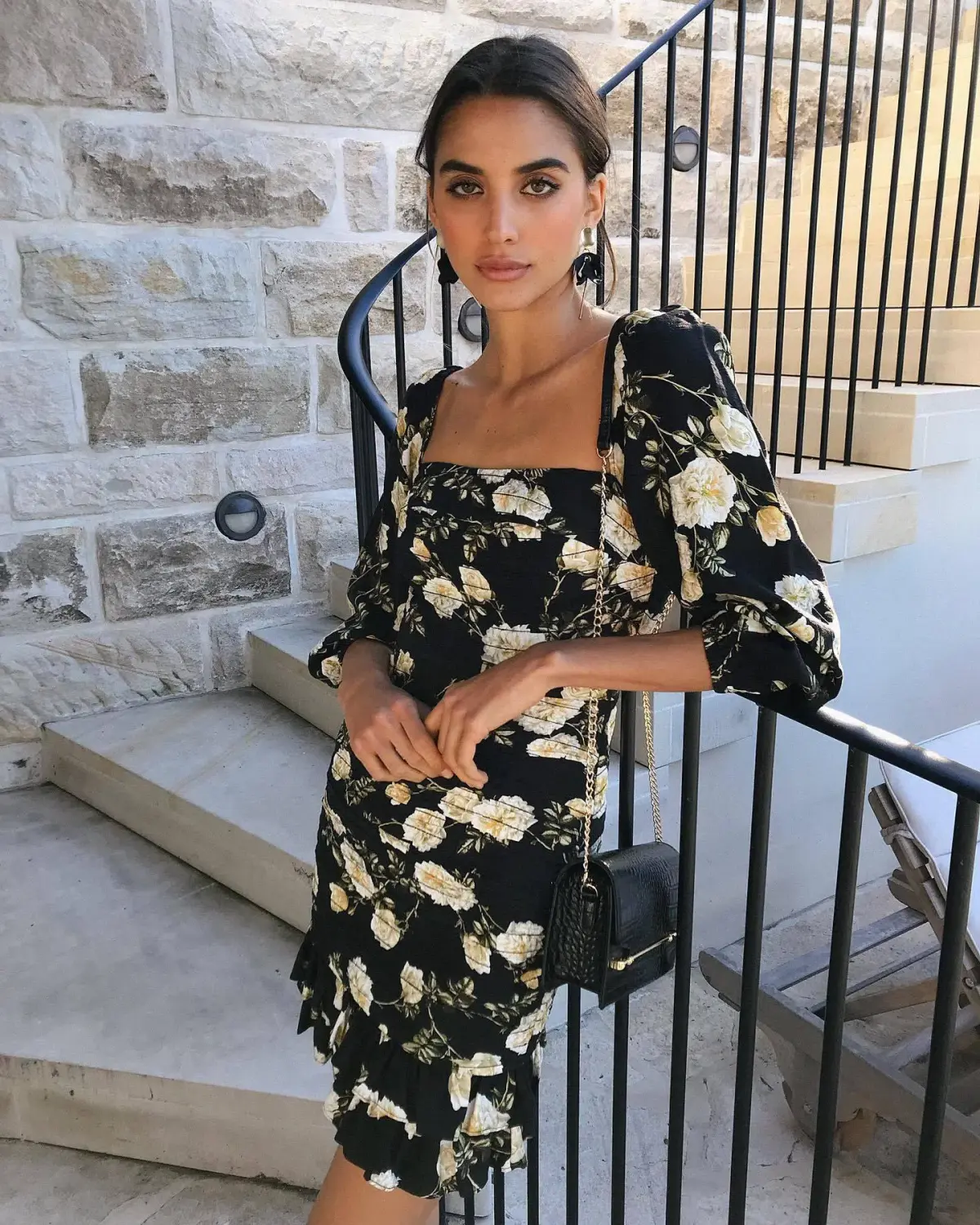 Sheike Mini Dress Black/Yellow Floral Size 12 - Image 1