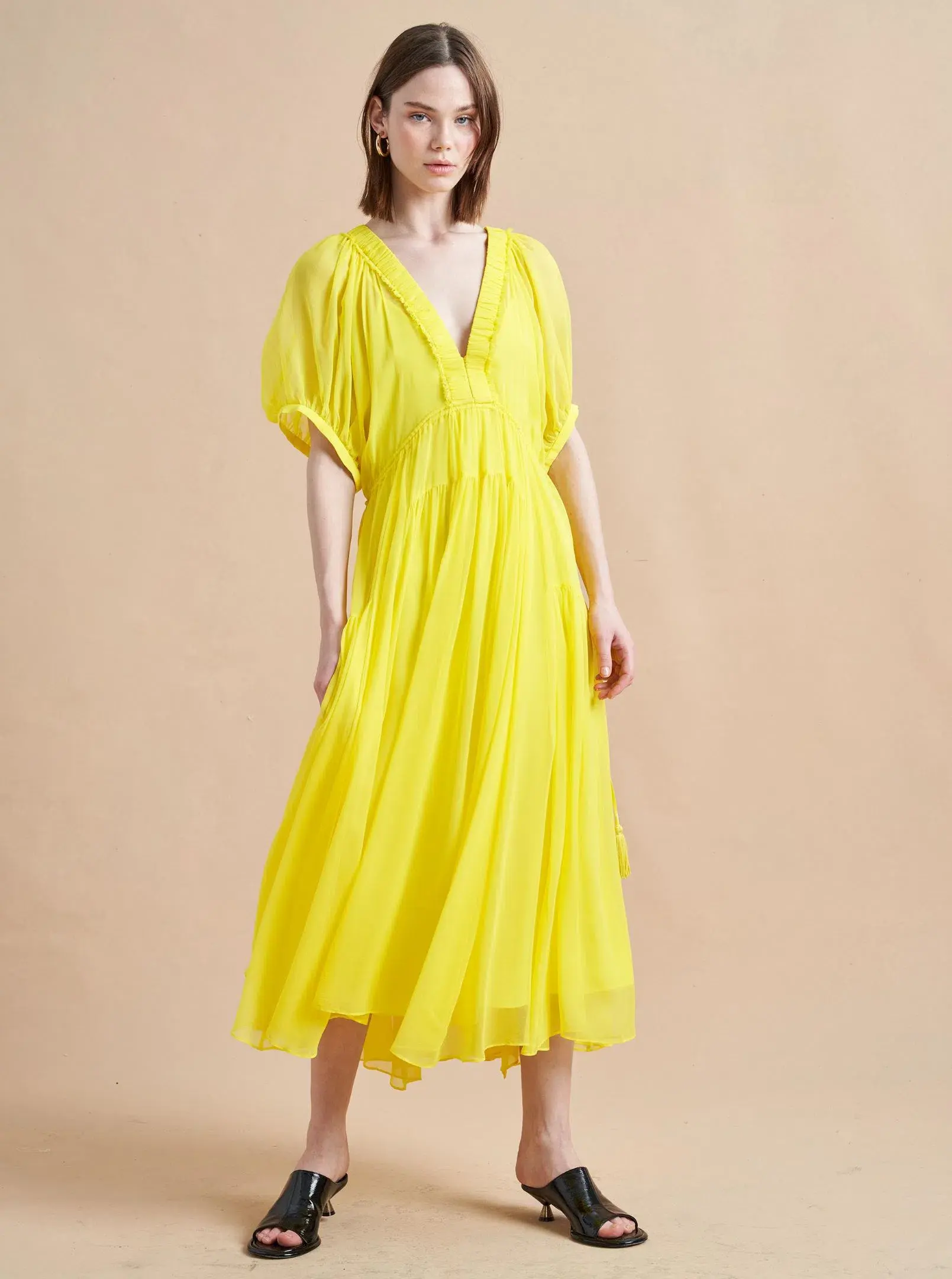 La Ligne Constance Shirred Silk-Chiffon Midi Dress Yellow Size 12 - Image 1