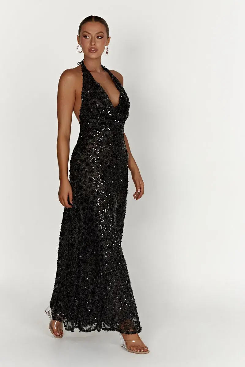 Meshki Nicola Plunge Neck Sequin Maxi Black Size M/AU 10 - Image 2