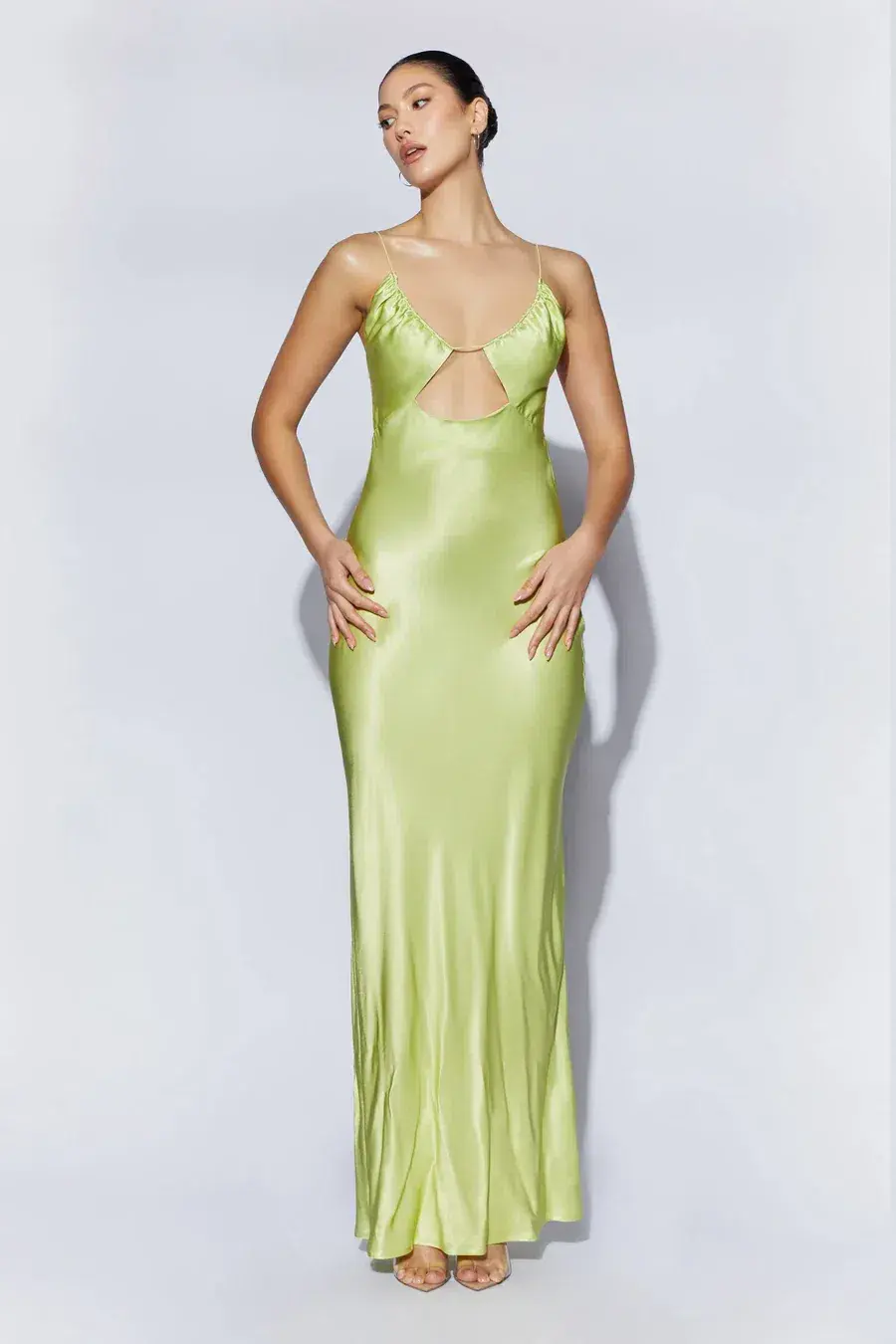 Meshki Sadie Maxi Satin Halterneck Ruched Slip Dress Pistachio Green Size 6 - Image 1