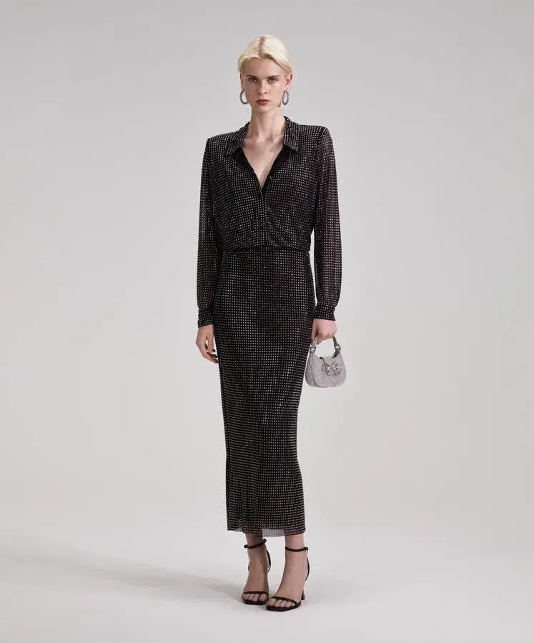 Self Portrait Rhinestone Midi Shirt Dress Black Size 10 - Image 1