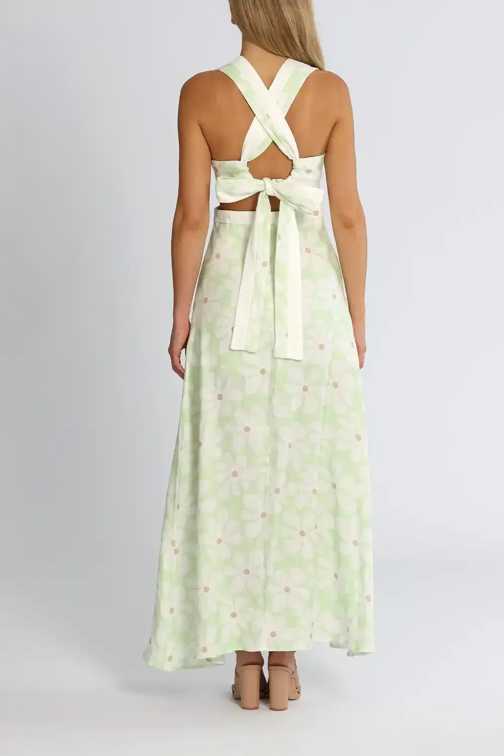 By Johnny Fleur Tie Back Midi Dress Green Print Size 10 for rent on The Volte - main image