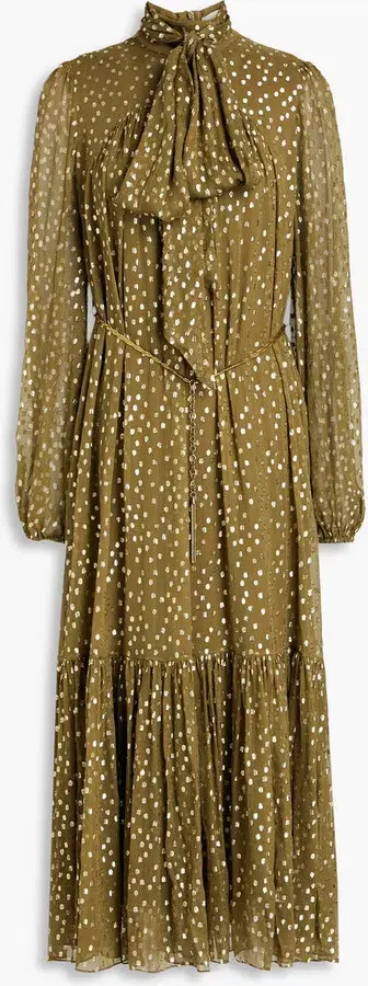 Zimmermann Billow Pussy-bow Metallic Fil Coupé Silk-blend Crepon Midi Dress Green Size AU 10 - Image 4