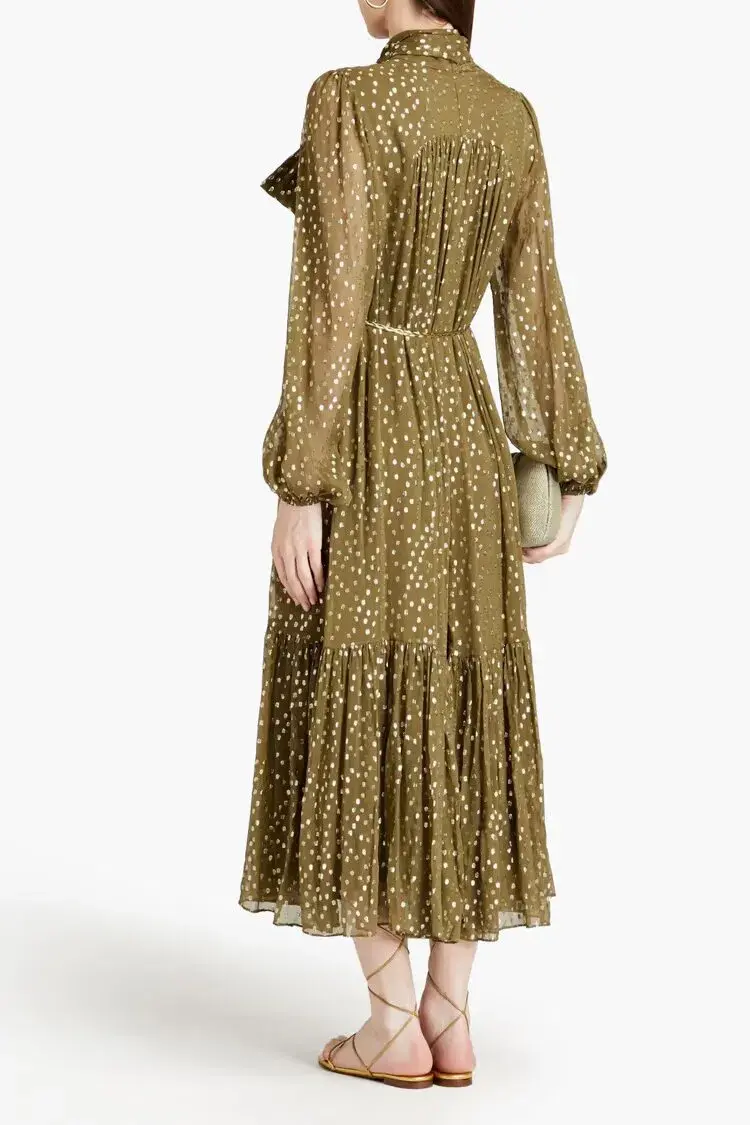 Zimmermann Billow Pussy-bow Metallic Fil Coupé Silk-blend Crepon Midi Dress Green Size AU 10 - Image 2