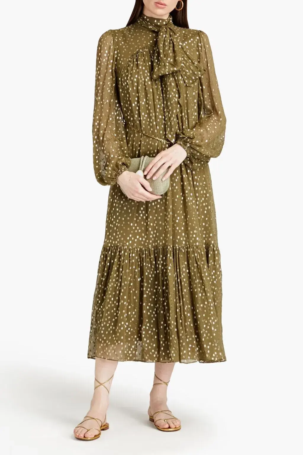 Zimmermann Billow Pussy-bow Metallic Fil Coupé Silk-blend Crepon Midi Dress Green Size AU 10 - Image 1