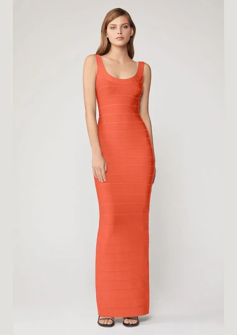 Herve Leger Round Neck Gown Coral Size XS / AU 6 for rent on The Volte - main image
