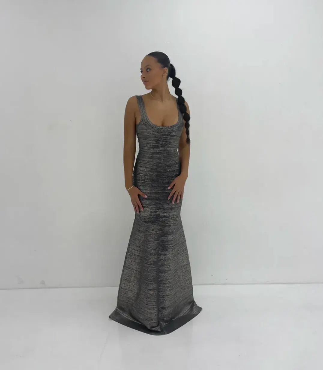 Herve Leger Foil Gown Grey Size S / AU 8 for rent on The Volte - main image