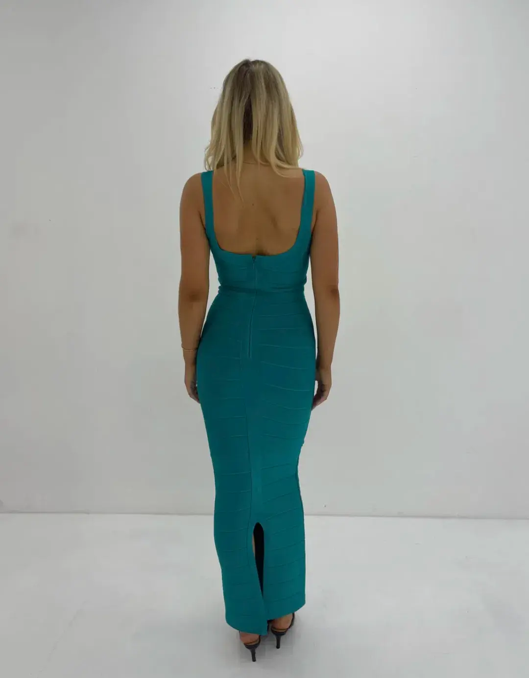 Herve Leger Round Neck Gown Turquoise Size 8  for rent on The Volte - main image