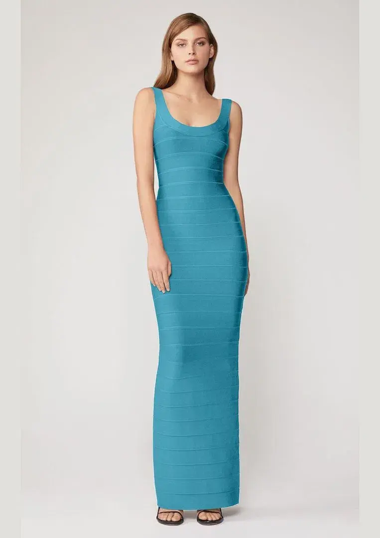 Herve Leger Round Neck Gown Turquoise Size 8  for rent on The Volte - main image