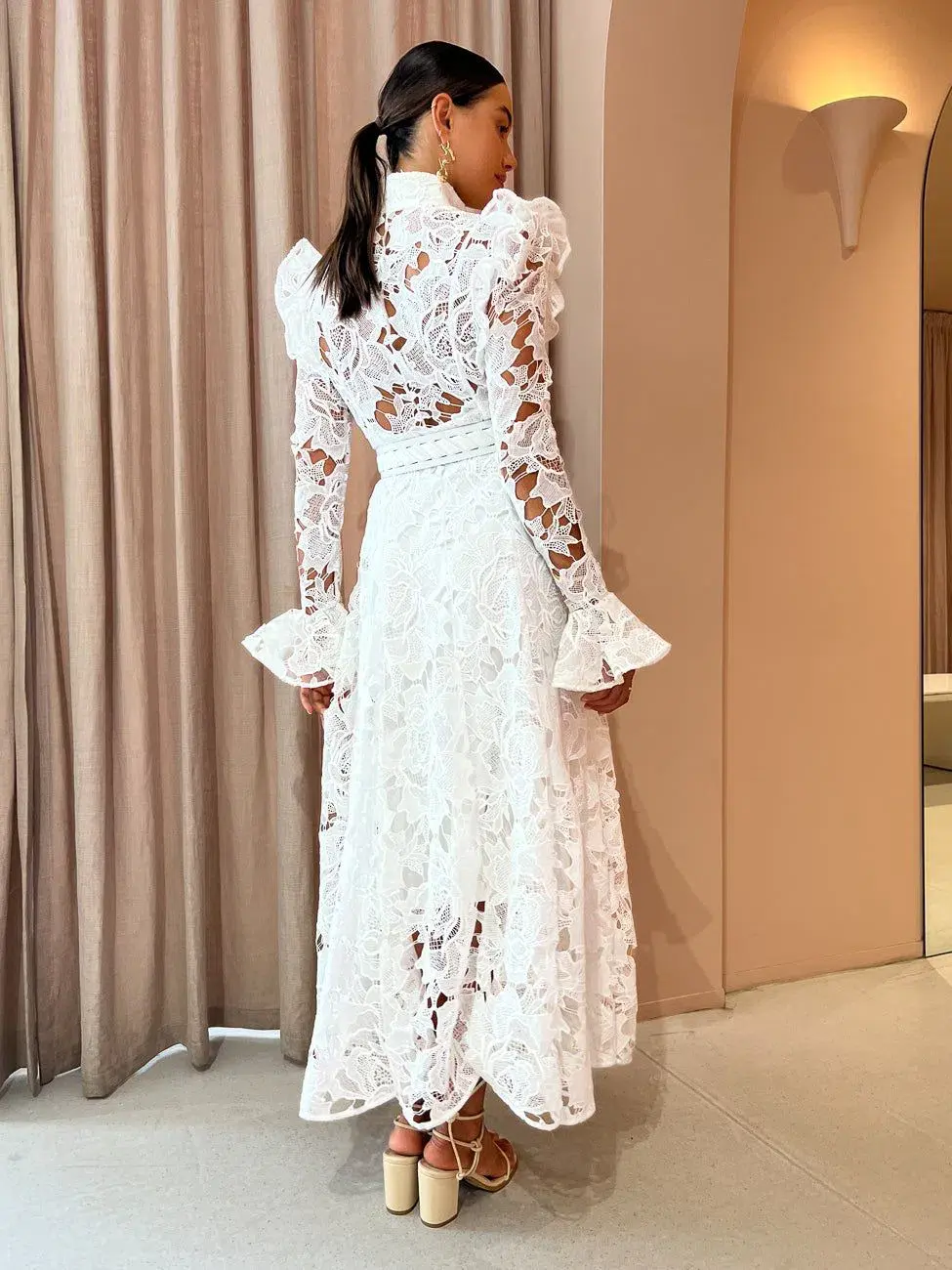 Leo Lin Aliyah Lace Butterfly Sleeve Midi Dress Snow Size AU 6 - Image 4