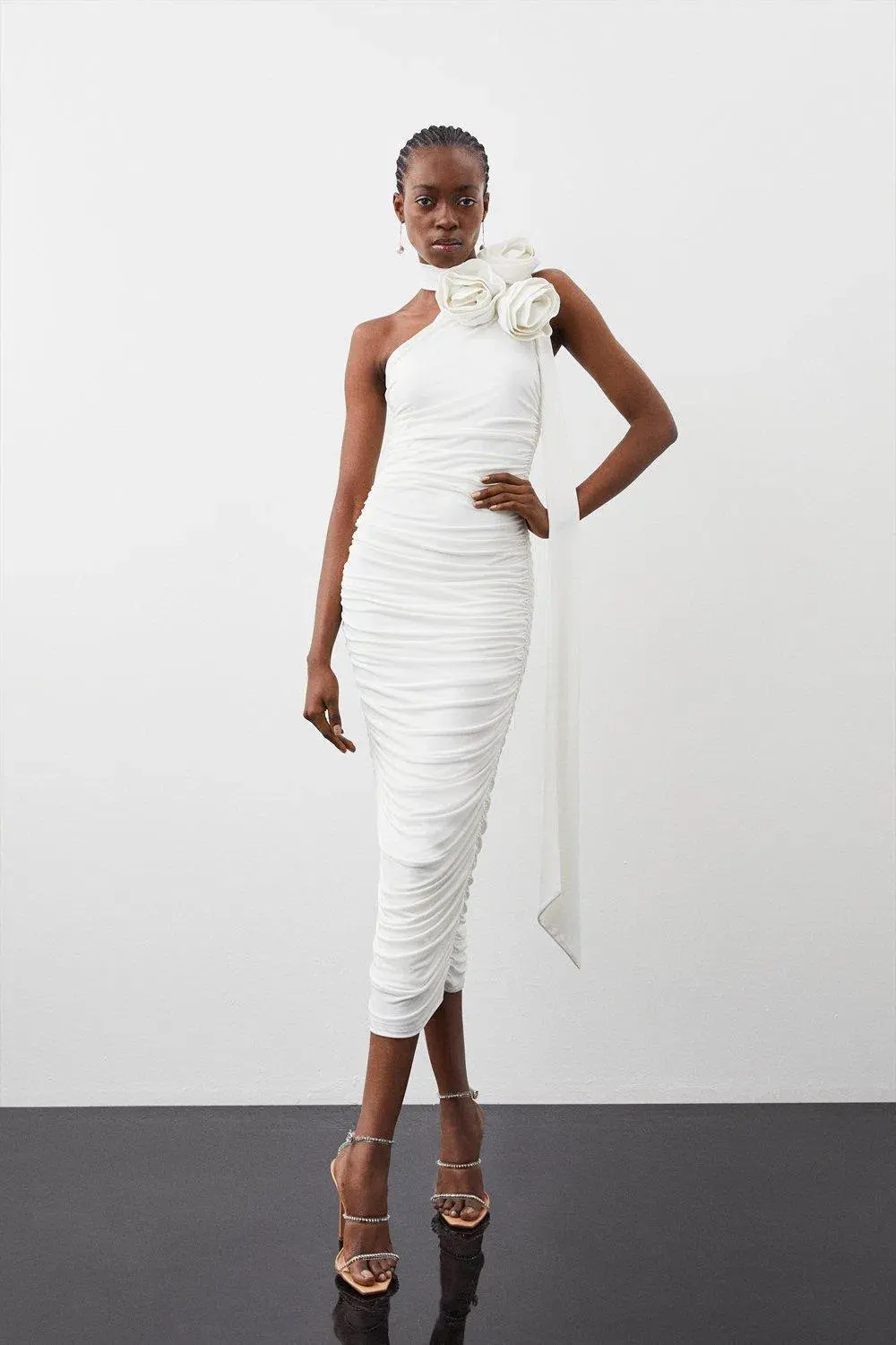 Karen Millen Drapey Ruched Jersey Rosette Midi Dress White Size S /Au 8 - Image 1