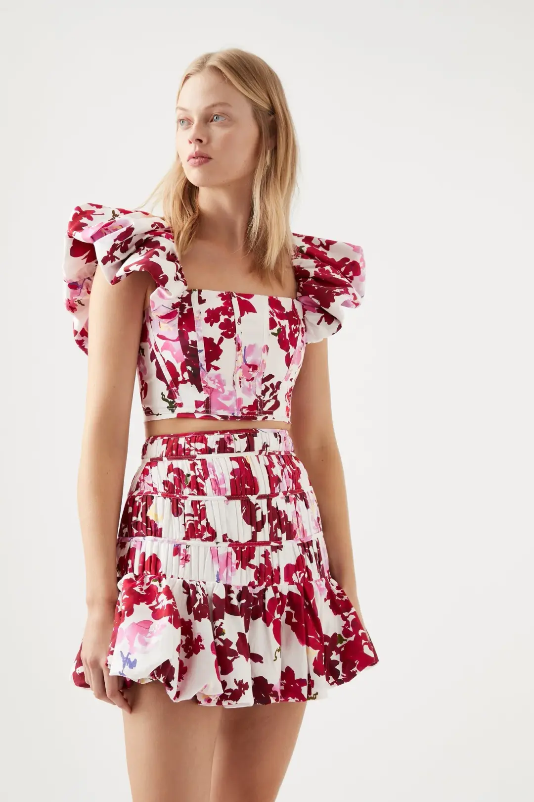 Aje Margot Bubble Frill Top and La Vie Bubble Mini Skirt Set Roses Of Provence Print  Size 6 for rent on The Volte - main image