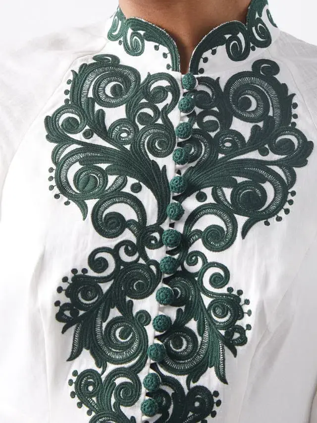 Zimmermann Anneke Tassel-Trimmed Embroidered Linen Dress Ivory/Green Size 0 / Au 8  - Image 3