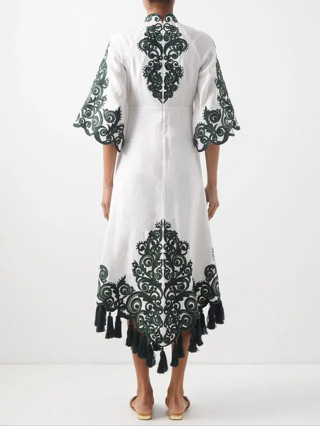 Zimmermann Anneke Tassel-Trimmed Embroidered Linen Dress Ivory/Green Size 0 / Au 8  - Image 2