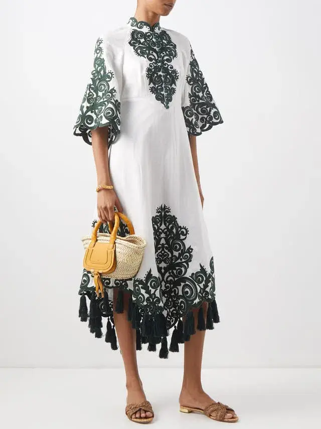 Zimmermann Anneke Tassel-Trimmed Embroidered Linen Dress Ivory/Green Size 0 / Au 8  - Image 1