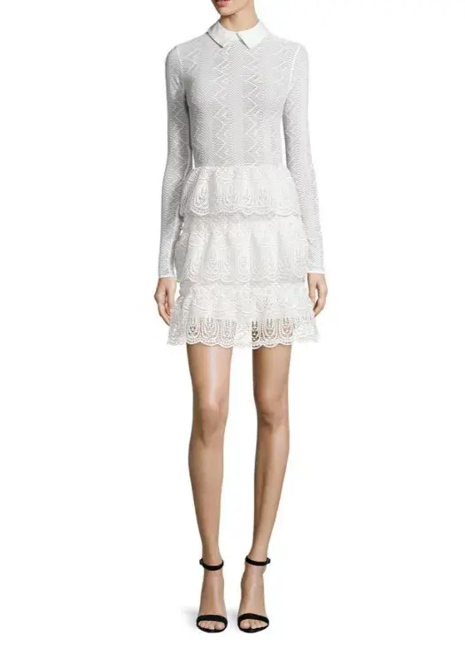 Self-Portrait Long-Sleeve Tiered Scalloped Lace Dress White Size AU 12 - Image 1