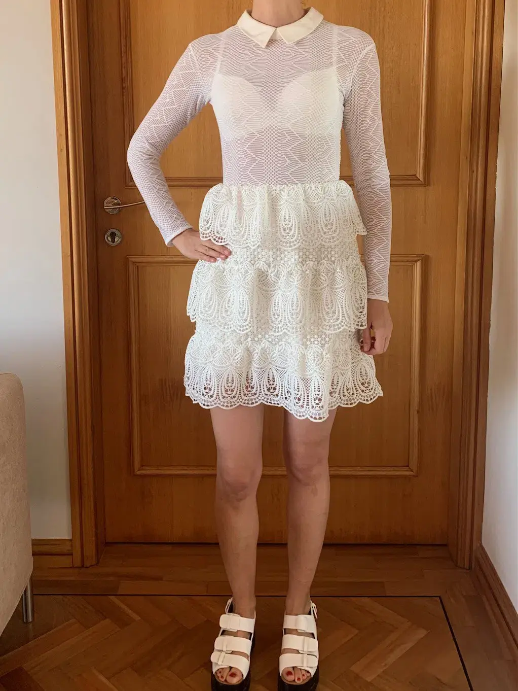 Self-Portrait Long-Sleeve Tiered Scalloped Lace Dress White Size AU 12 - Image 2
