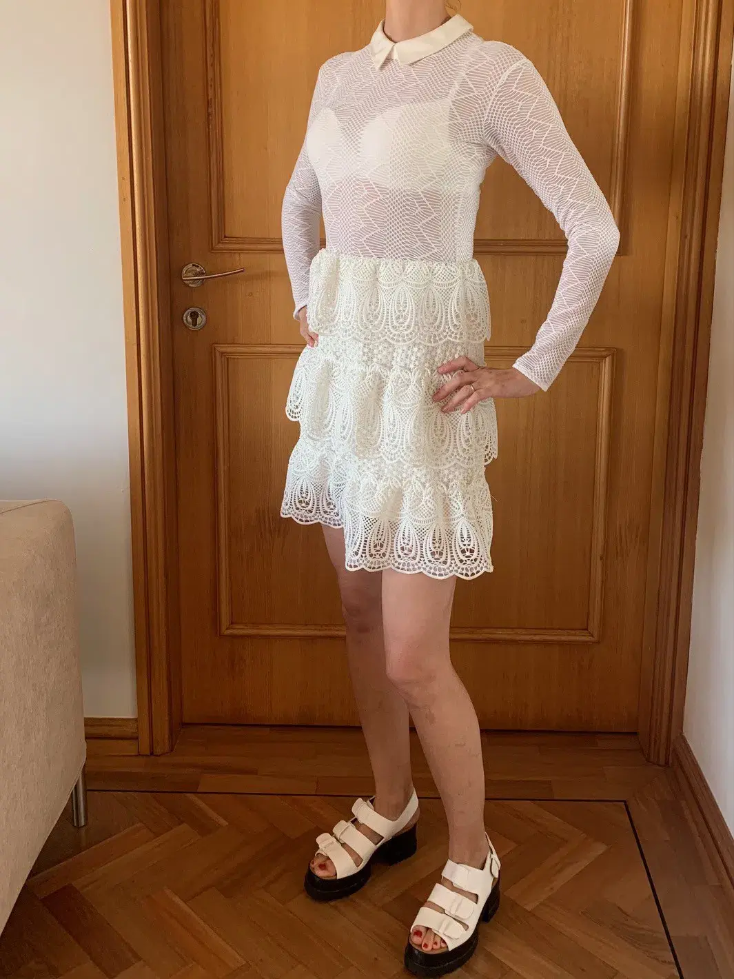 Self-Portrait Long-Sleeve Tiered Scalloped Lace Dress White Size AU 12 - Image 3