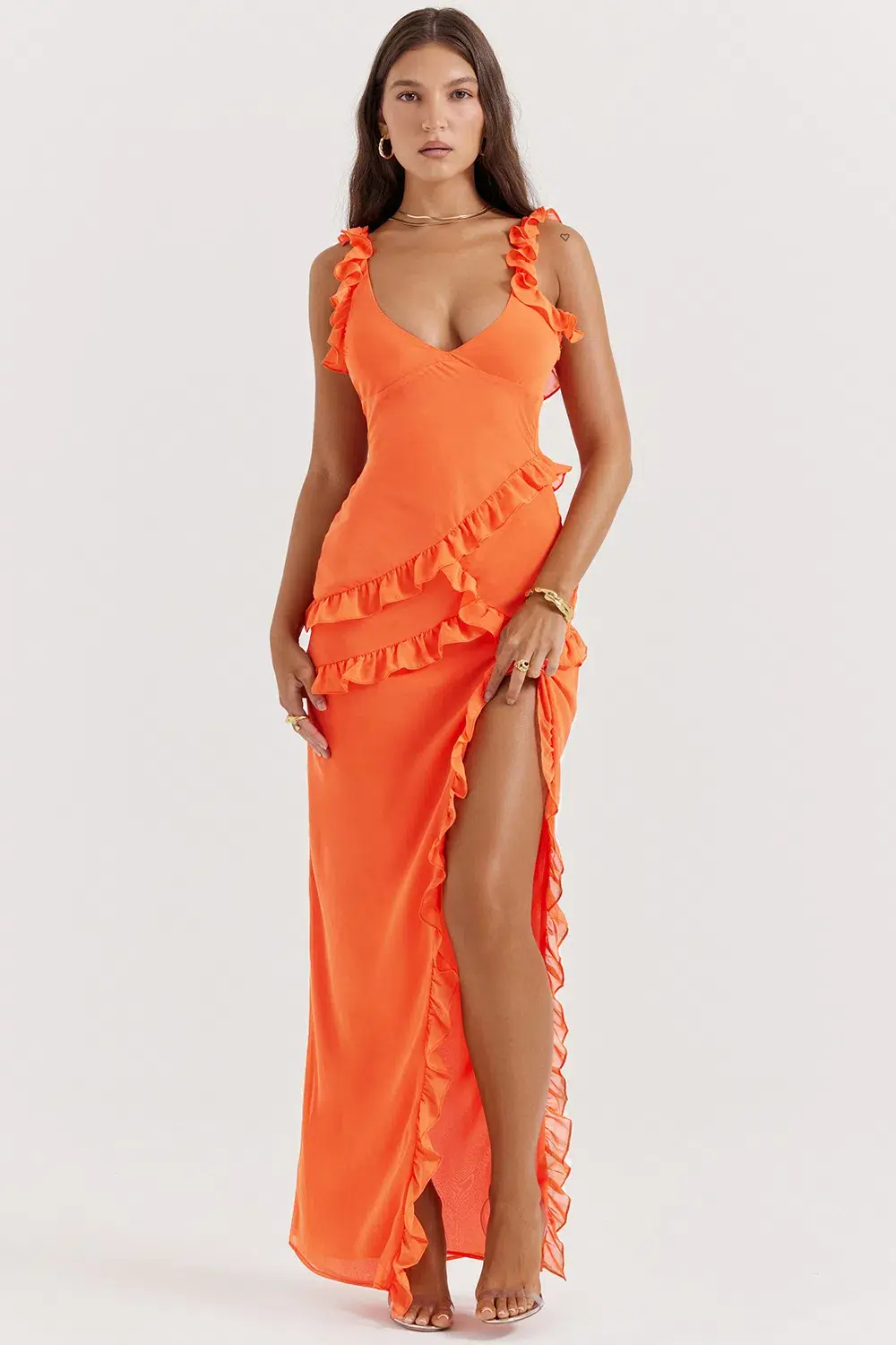 House of CB Pixie Ruffle Maxi in Flame Orange Size S / AU 8 for rent on The Volte - main image