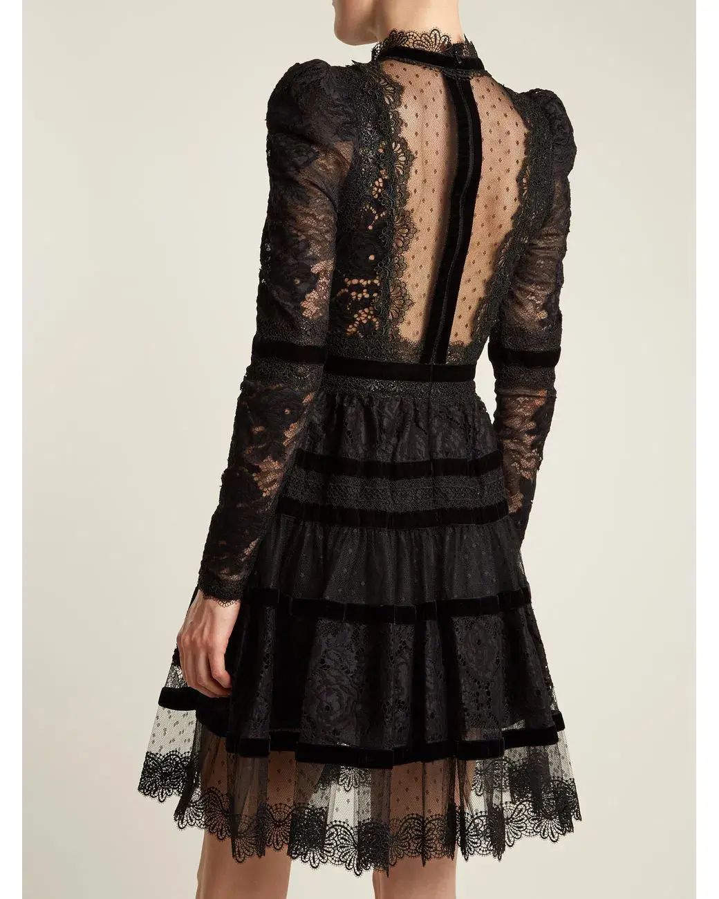 Elie Saab Velvet Trimmed Lace Mini Dress Black Size 6 - Image 2