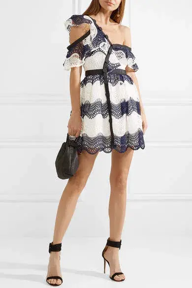 Self Portrait One Shoulder Striped Guipure Lace Mini Dress Navy/White Size 12 - Image 4