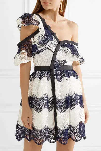 Self Portrait One Shoulder Striped Guipure Lace Mini Dress Navy/White Size 12 - Image 5