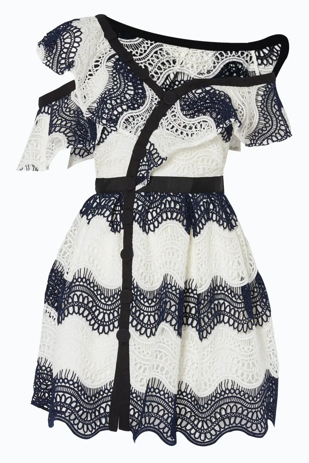 Self Portrait One Shoulder Striped Guipure Lace Mini Dress Navy/White Size 12 for rent on The Volte - main image