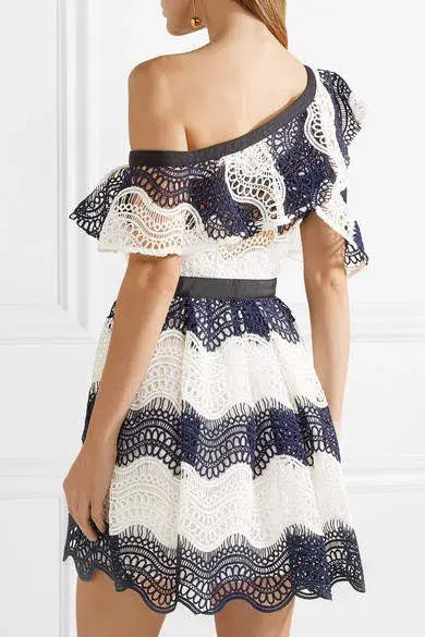 Self Portrait One Shoulder Striped Guipure Lace Mini Dress Navy/White Size 12 - Image 6