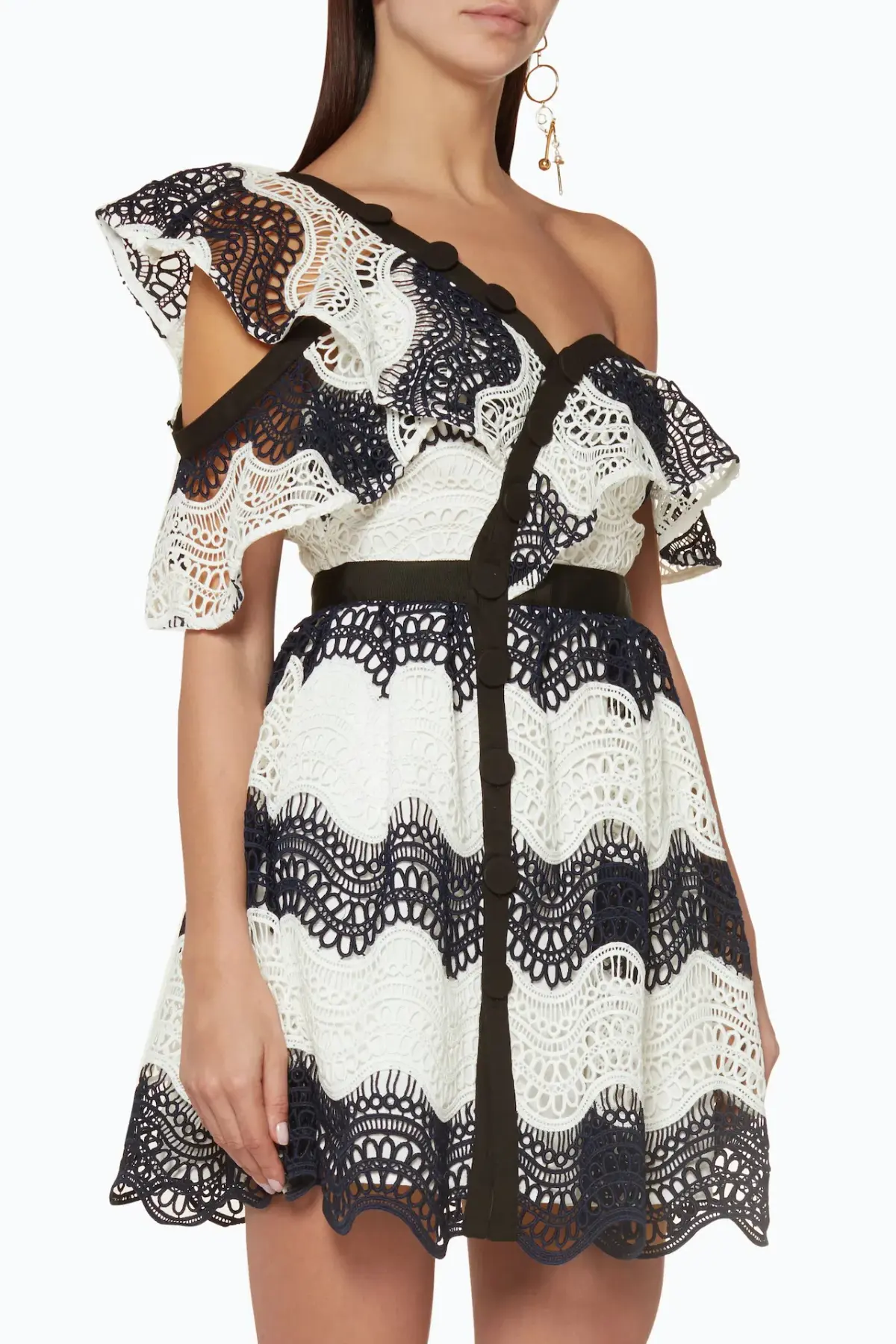 Self Portrait One Shoulder Striped Guipure Lace Mini Dress Navy/White Size 12 - Image 2