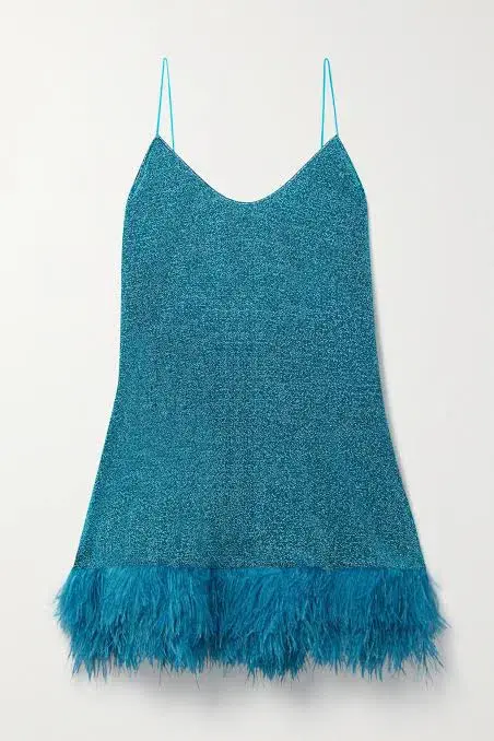 Oseree Lumiere Feather Trimmed Mini Dress Blue Size 10 for rent on The Volte - main image