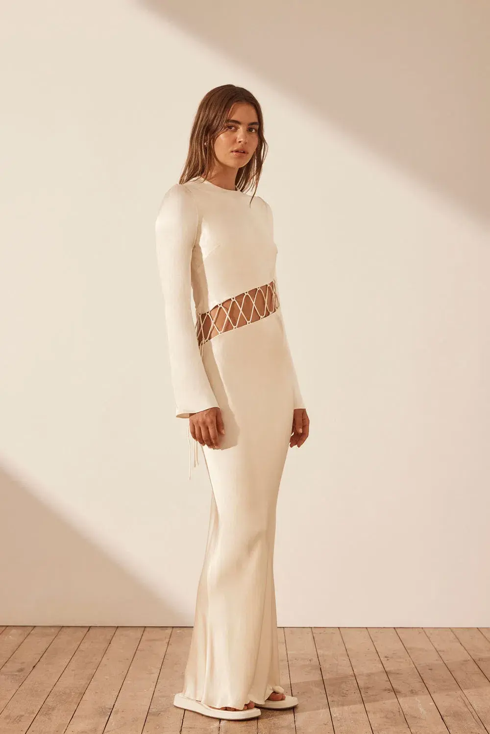 Shona Joy Arienzo Asymmetrical Lace Up Maxi Dress In Cream Size 6  for rent on The Volte - main image