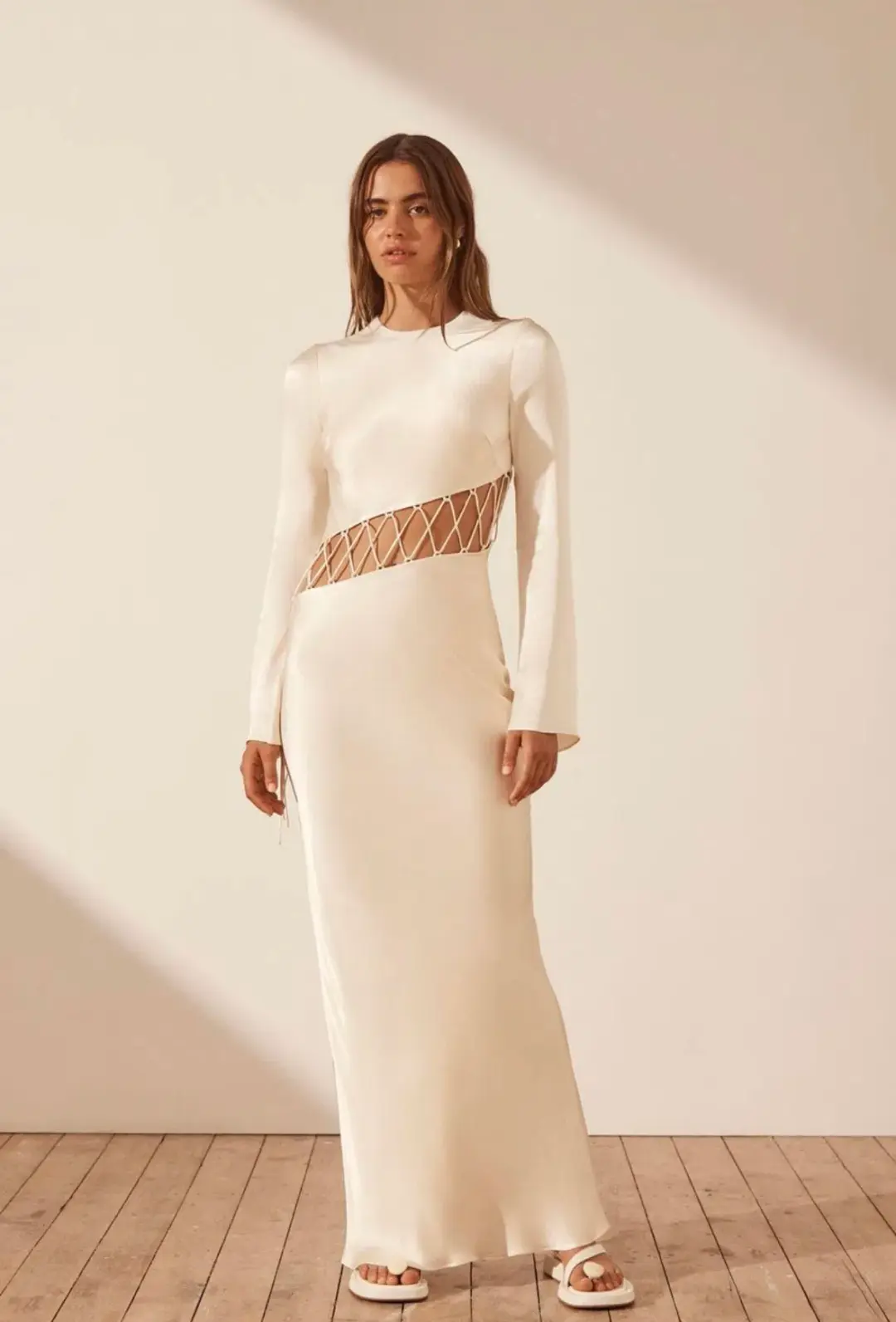 Shona Joy Arienzo Asymmetrical Lace Up Maxi Dress In Cream Size 6  for rent on The Volte - main image