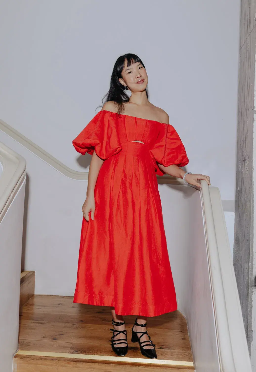 Aje Eugenie Off Shoulder Midi Dress Scarlet Red Size 8 - Image 1