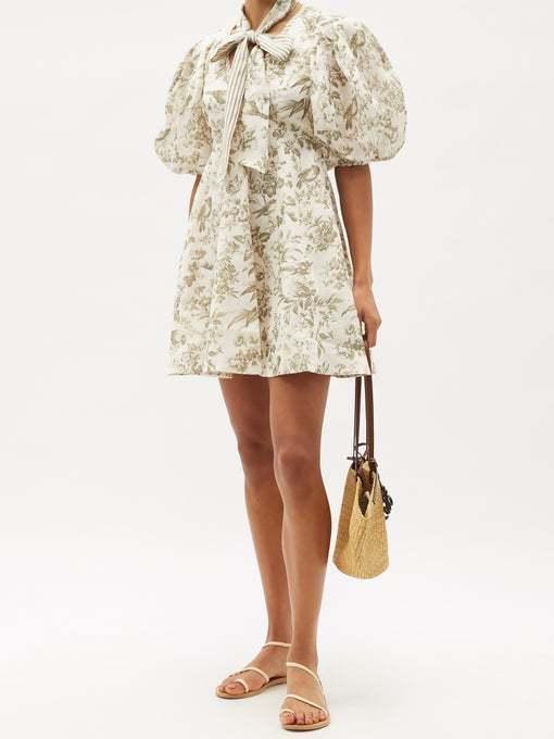Zimmermann Puff-sleeve bird-print linen mini dress Size 3 - Image 1