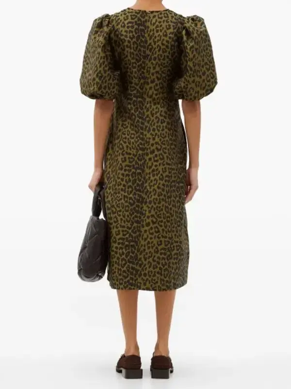 Ganni Puff Sleeve Leopard Jacquard Midi Dress Print Size 44 - Image 2