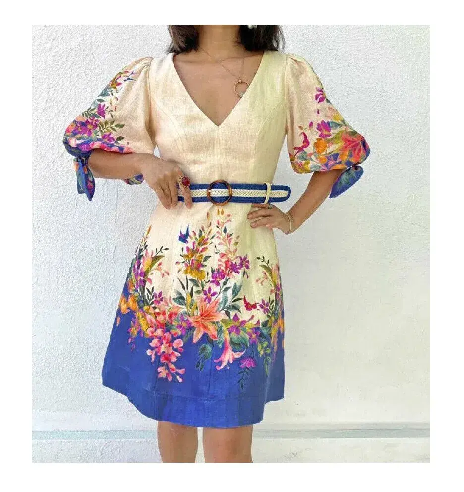 Zimmermann Tropicana Tie Sleeve Mini Dress Blue Floral Size 1 / AU 10 - Image 1