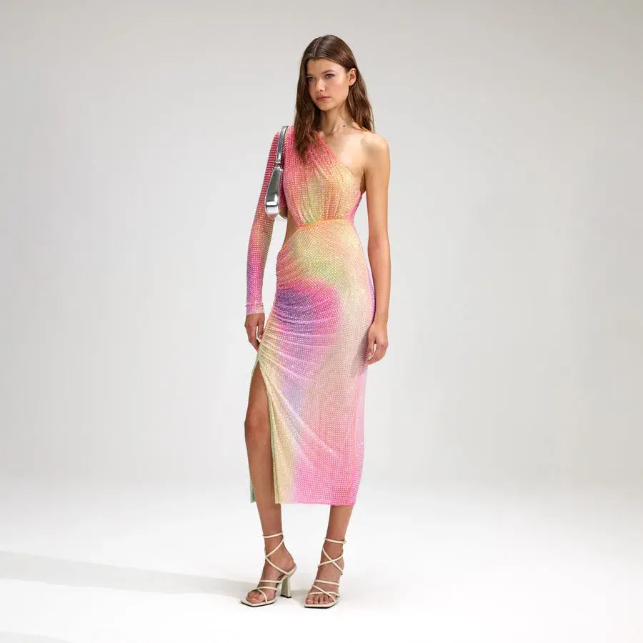 Self Portrait Printed Mesh Rhinestone Cutout Midi Dress Multi Size 8 - Image 2